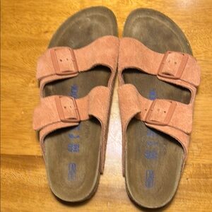 Birkenstock Salmon Pink Suede Arizona Sandals 40 Narrow, soft footbed